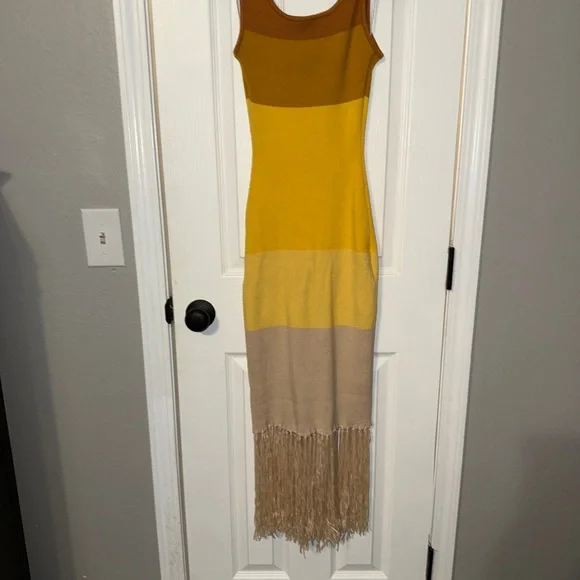 Lulus Delfi Yellow Color Block Fringe Sweater Midi Dress - Picture 10 of 11